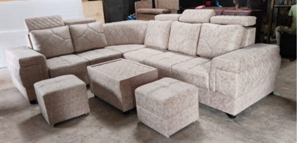 K.G.N Furniture 8 Seater L Shape Wooden Fabric Corner Sofa Set with Centre Table and 2 Puffy Furniture for Home